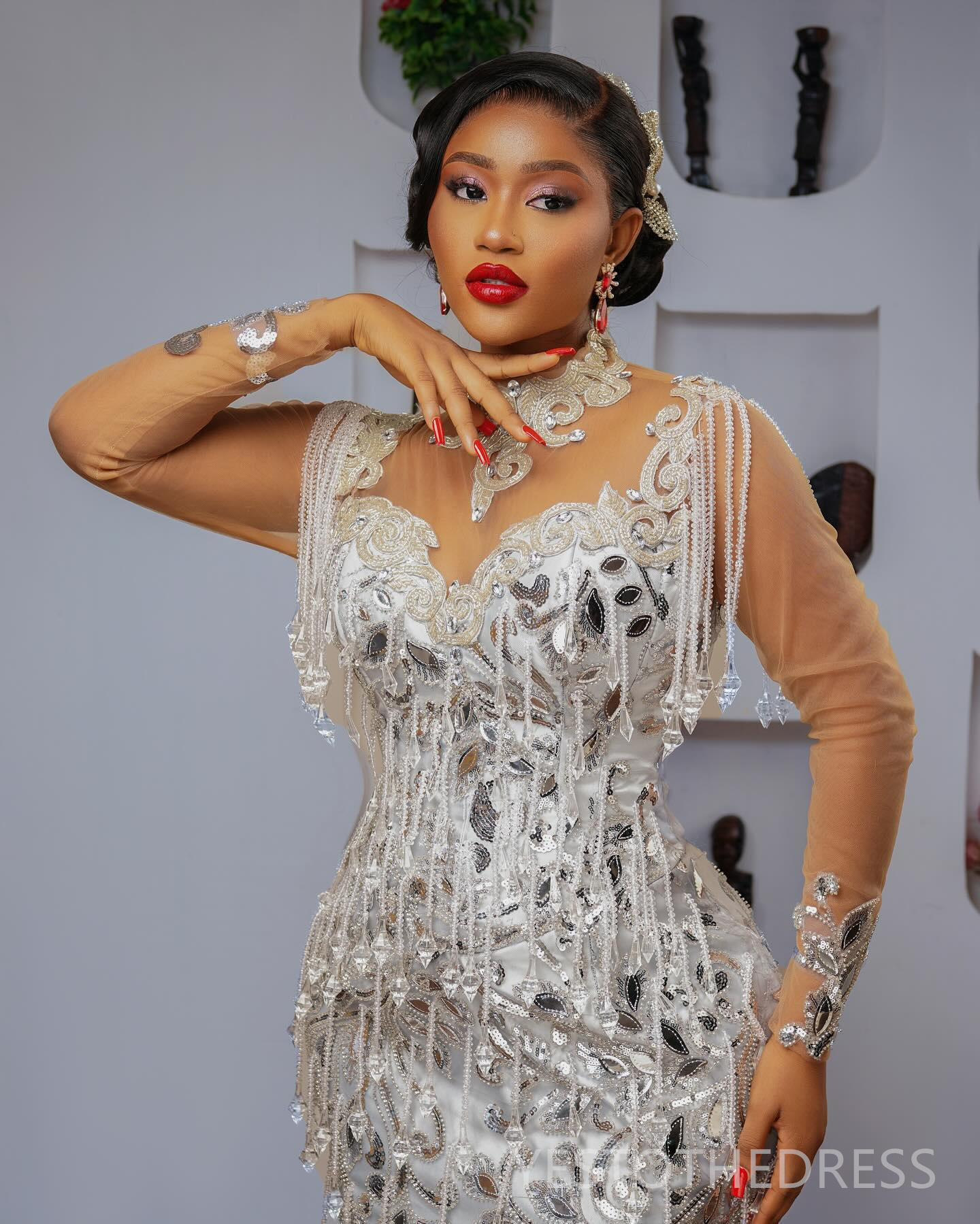 R&W 2024 Sier Aso Ebi Prom Mermaid Promdress High Neck Long Sleeves Illusion Beaded Crystals ra Lace Tassel Birthday Dress Second Reception Gala Gowns