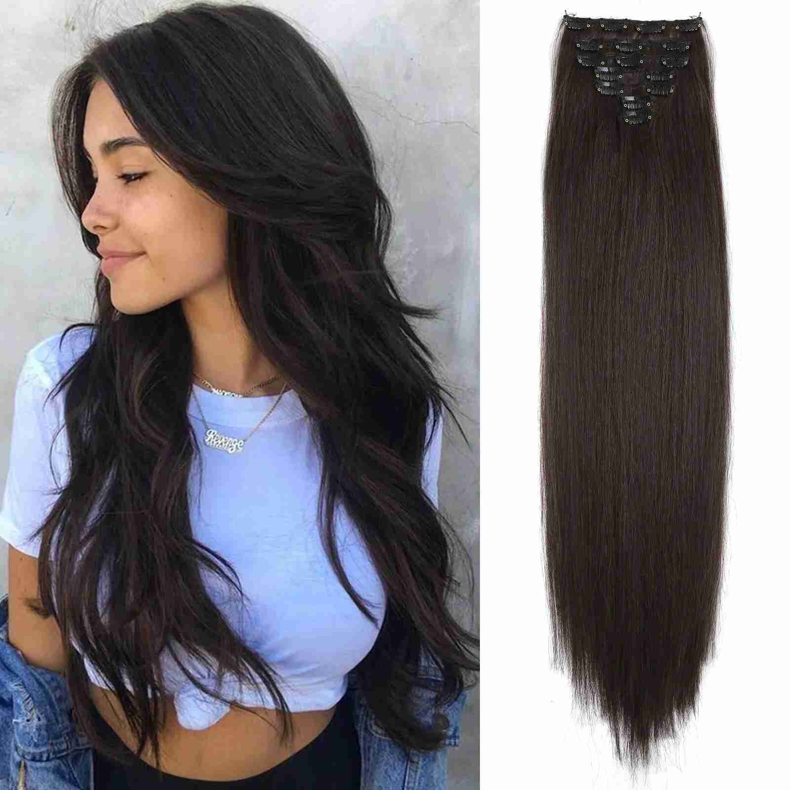 Synthetic long straight hair clip hair 7pcs/set dark brown hair suitable for womens natural fake hairX240719