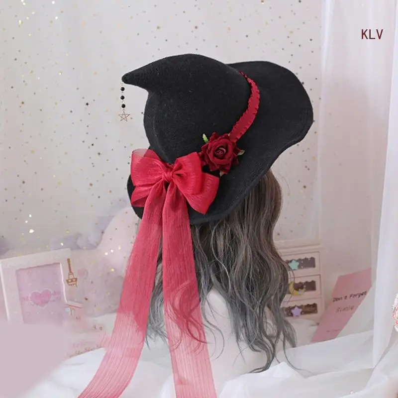 Halloween Witch Cap Wizard Hat Punk Bowknot Rose Hat Costume Headwear Lady Festival Headdress 240712