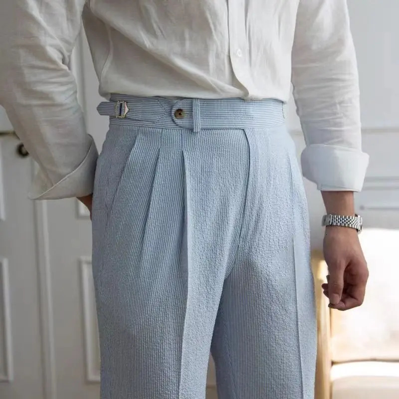 Italian Style Naples Suit Pants Men Blue Stripes Seersucker High Waist Paris Buckle Trouser Fashion England Business Casual Pant 240715