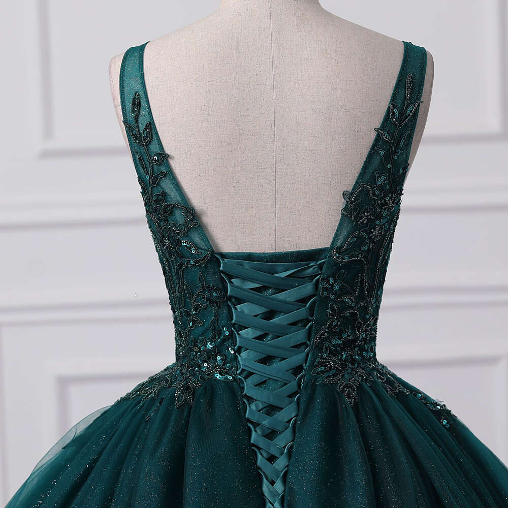 Glitter Sequined Beaded Evening Dress Dark Green Tulle Sexy V Neck Sleeveless Formal Party Prom Ball Gown Lace Up Robe De Soiree