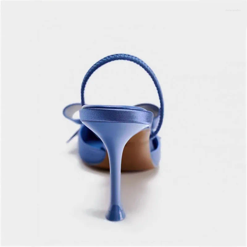 Dress Shoes TRAF French Retro Blue Bow High Heels Point Head Stilettos Sgbacks For Woman Women Elegant Satin Fabric Sandals