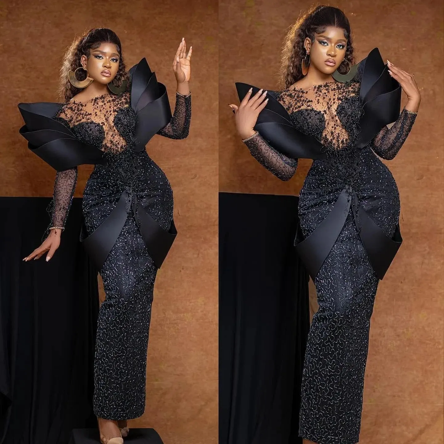 2025 African Formal Prom Dress Handmade Beading Pearls Aso Ebi Style Evening Dresses with 3D Sleeves Black Women Party Gowns