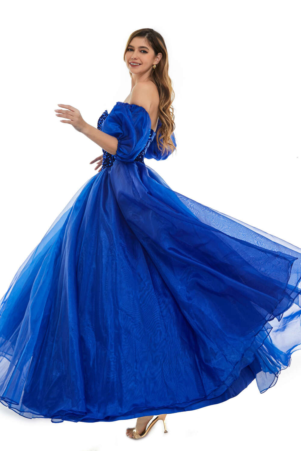 Sparkly Sequined Evening Dresses Royal Blue Tulle Puffy Sleeves Sweetheart Formal Party Prom Ball Gowns Lace Up Robe De Soiree