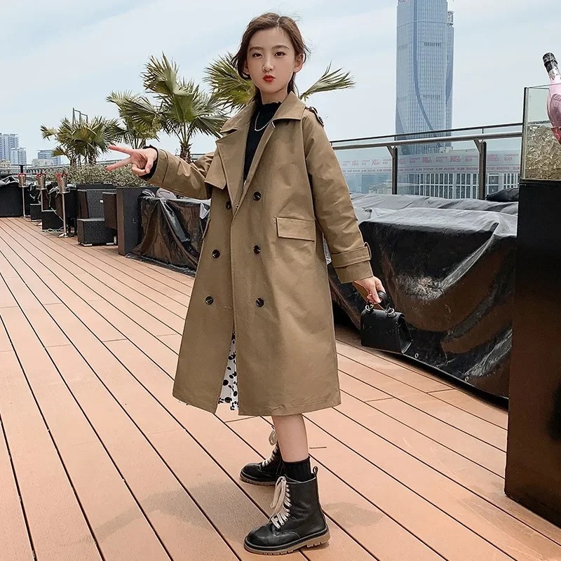 Spring Autumn Cotton Teen Girls Long Trench Coats Fashion England Style Windbreaker Jacket For Girls Children Clothing 240711