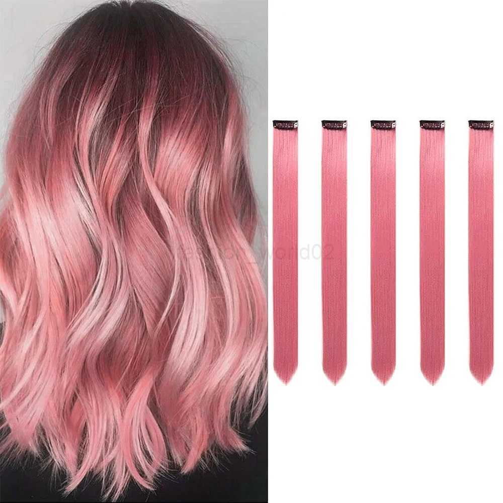 (5 pieces) Synthetic Black Friday 22 inch Colorful Pink Hair Party Highlights Childrens Girls Straight Hair ClipX240719