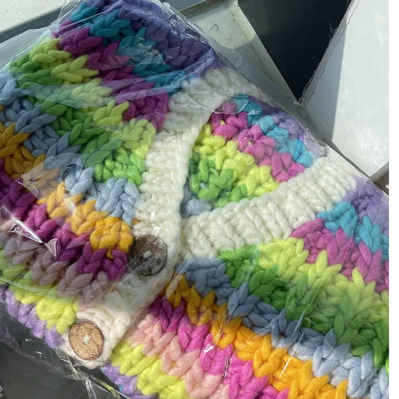 Women Handmade Rainbow Colorful Warm Chunky Knit Bulky Cardigan Autumn Winter In 240717