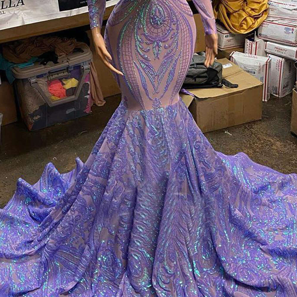 Sleeves Long Purple African Mermaid Women Evening Dress Lace Sequined Sexy Deep V Neck Prom Gown For Black Girls Formal Ocn mal