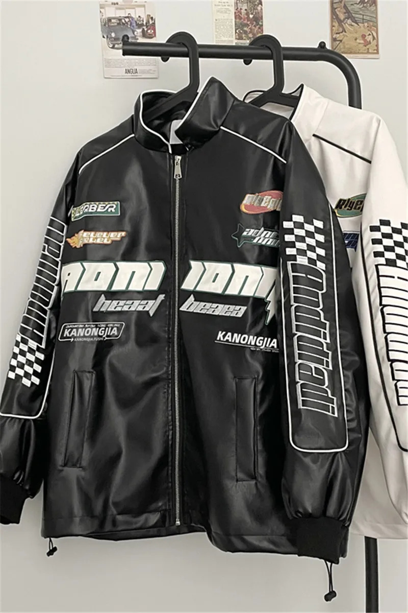 American Letter Embroidered Motorcycle Zippered Jacket Mens Spring and Autumn High Street Hip-hop Loose PU Leather Racing Coat 240716