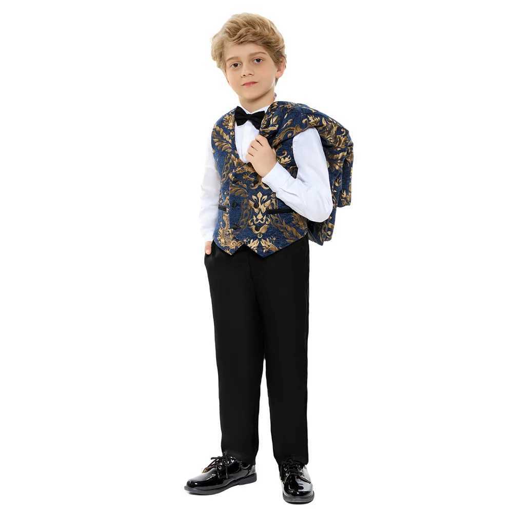 Suits Children Gold Printed Formal Wedding Suit Kids Jacket Vest Pants Photograph Dress Boys Tuxedo Suit Children Graduation Costume