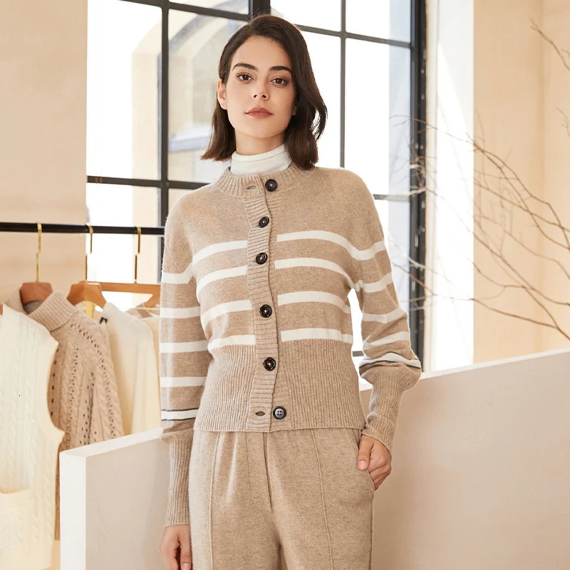 BC-267 Crewneck Single-Breasted Stripe Pure 100% Cashmere Clothes Knit Cardigan For Womens Autumn Sweater 240715