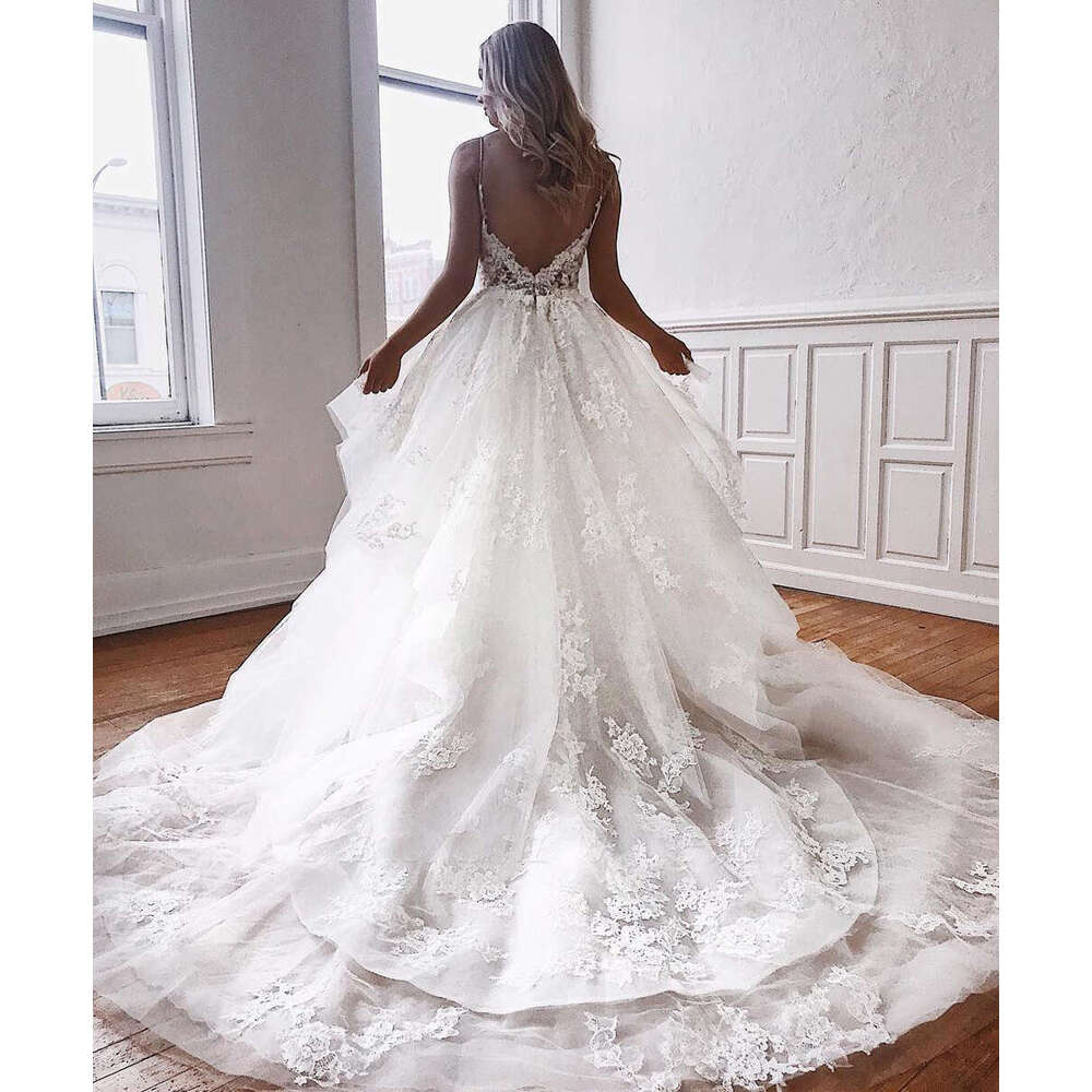 A Line Wedding Dresses V Neck Appliques Lace Spaghetti Straps Vestido De Novia Custom Made White Ivory Bridal Gowns