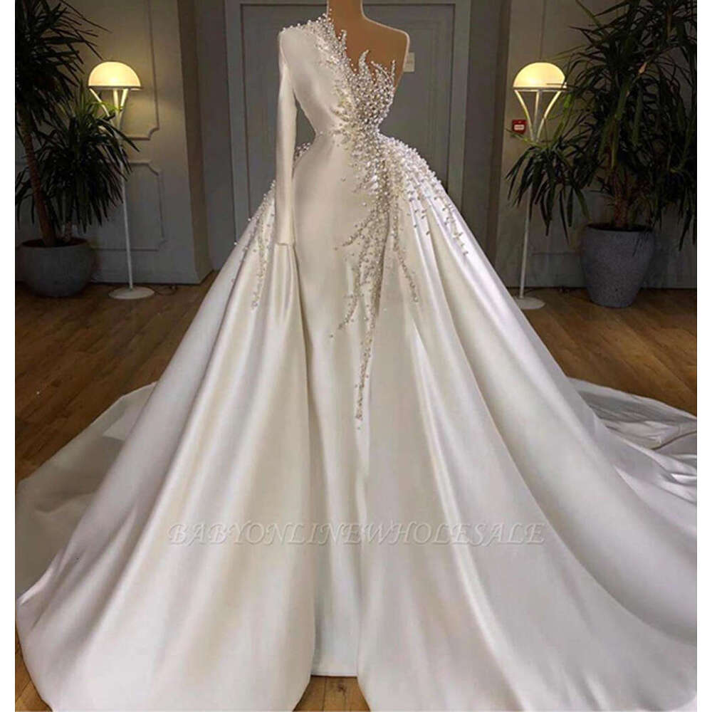 Pearls Crystal Wedding Dresses For Women One Shoulder Elegant Beaded Bridal Gown Formal Ocn Evening Vestido De Novia