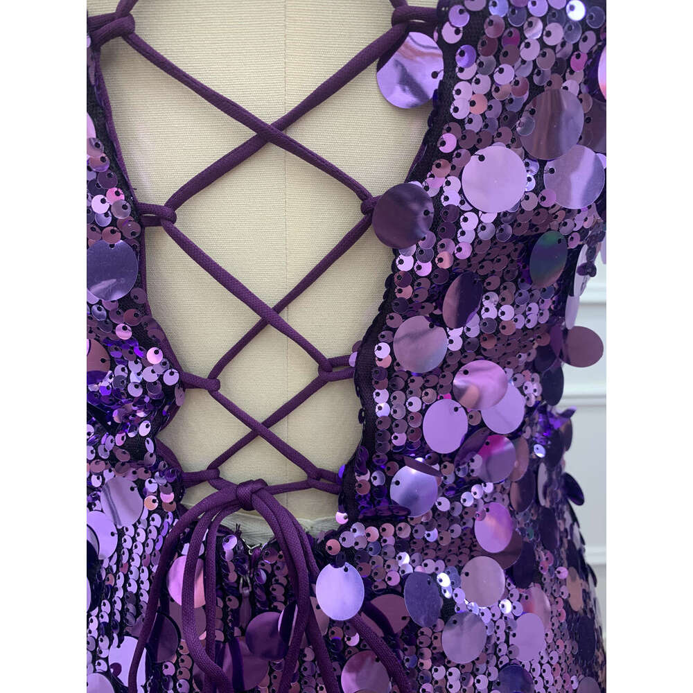 Sparkly Purple Sequined Evening Dresses Sexy V Neck High Slit Mermaid Spaghetti Straps Backless Prom Gowns Formal Party Vestidos
