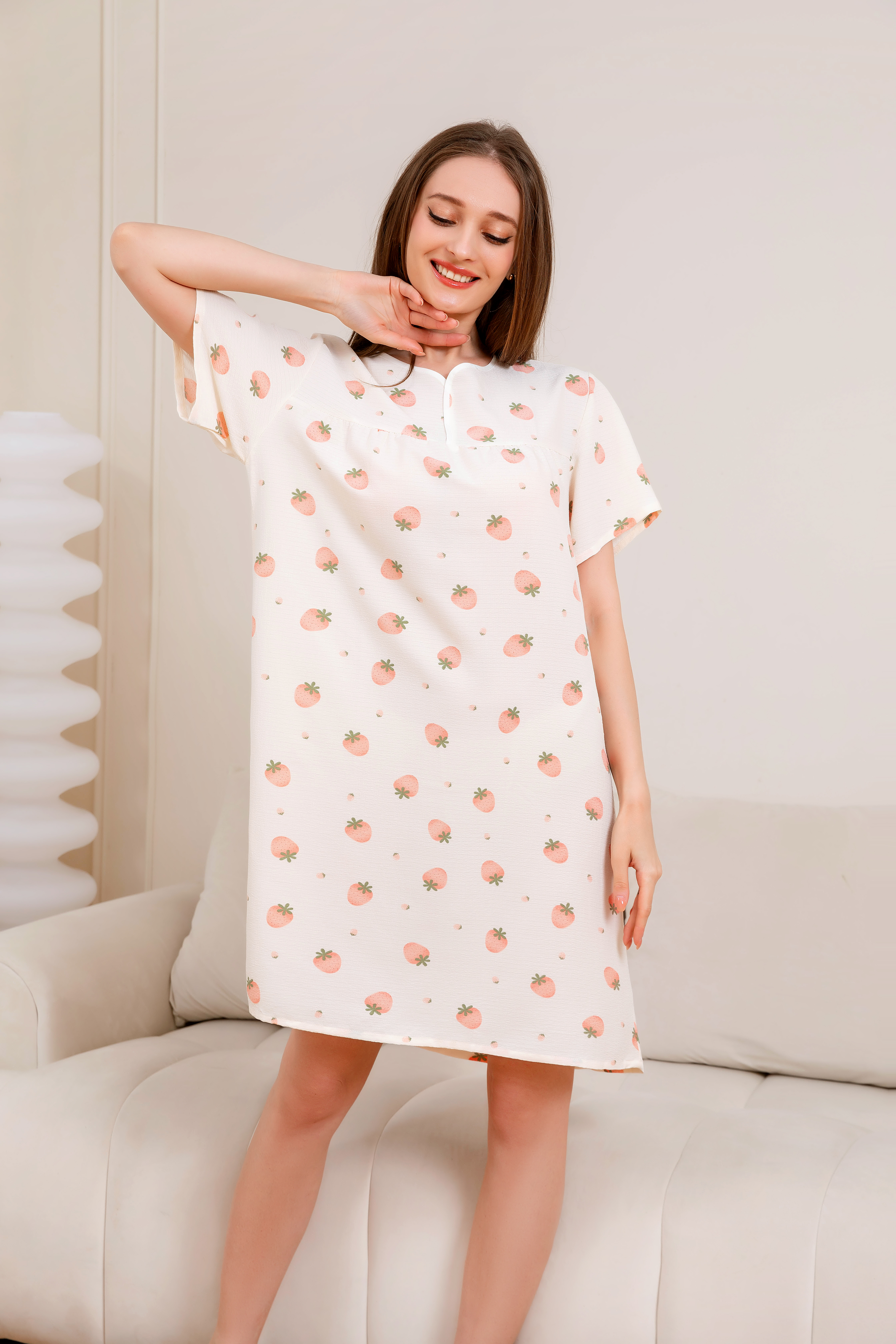 Women's home clothes, pullovers, orange patterned nightgowns, bubble cotton pajamas D12