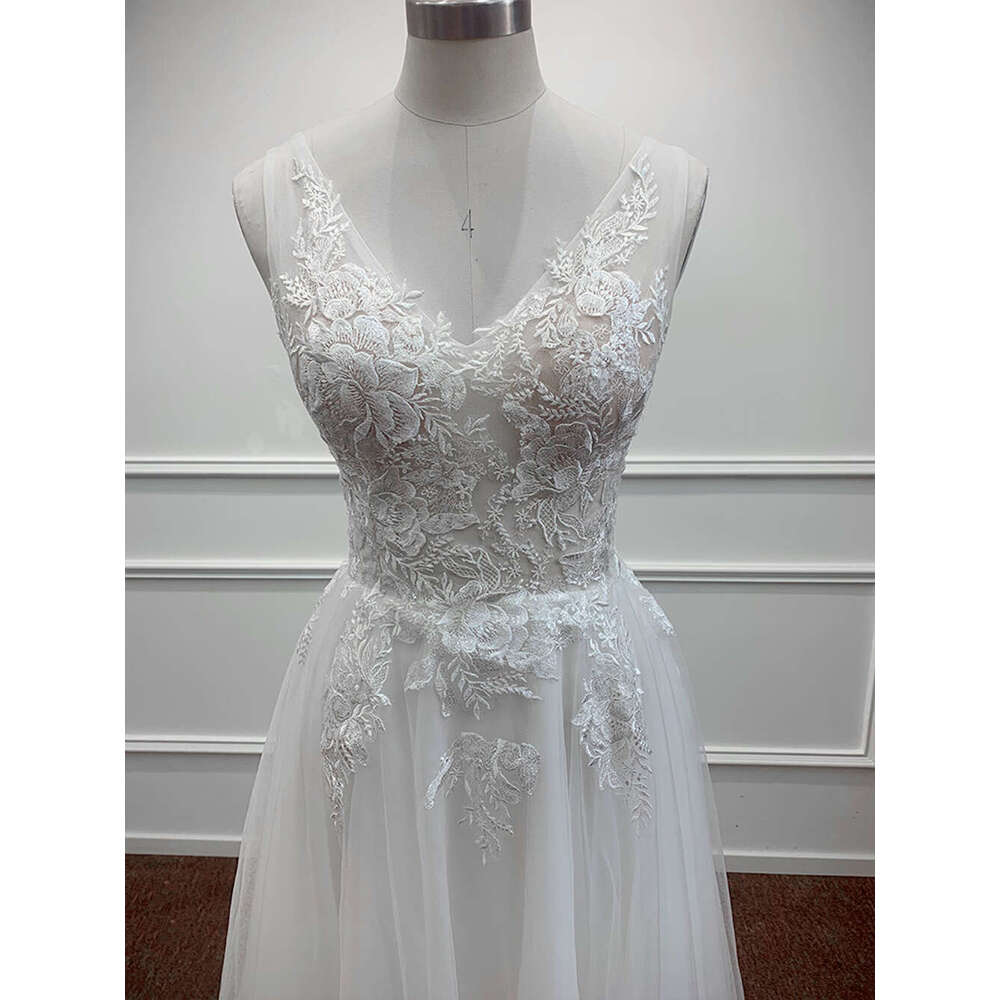 A Line Appliques Embroidery Wedding Dresses For Women Elegant V Neck Sleeveless Bridal Gowns Formal Ocn Vestido De Novia