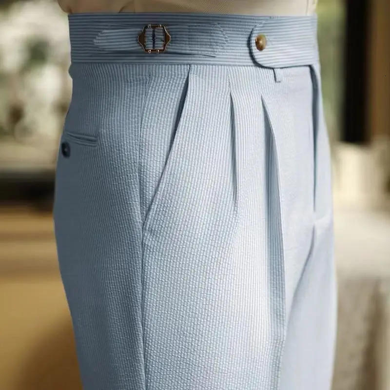 Italian Style Naples Suit Pants Men Blue Stripes Seersucker High Waist Paris Buckle Trouser Fashion England Business Casual Pant 240715