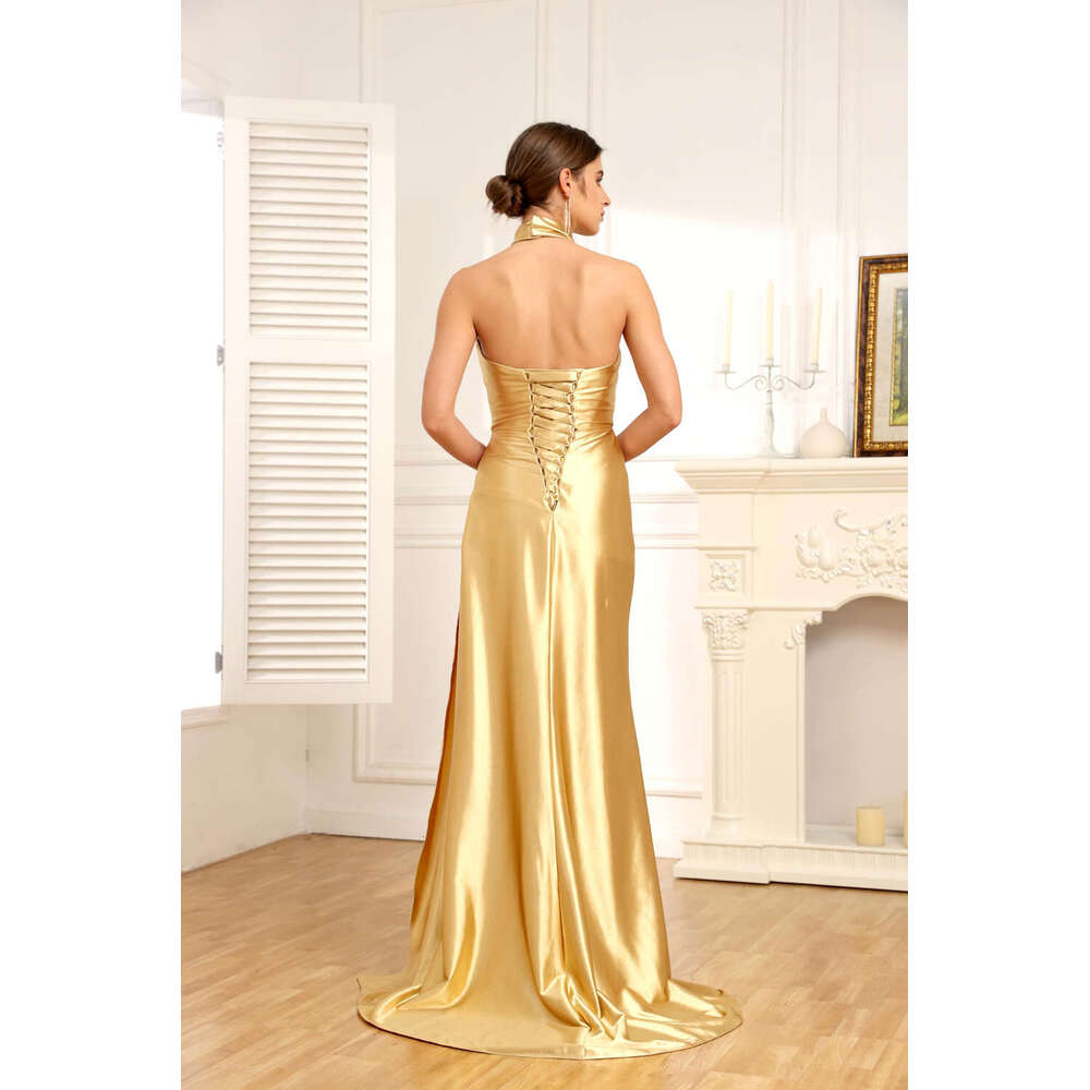 Elegant Halter Evening Dresses For Women Satin Sexy High Split Ruched Bust Waist Pleat Prom Celebrity Party Gowns Robe De Soiree