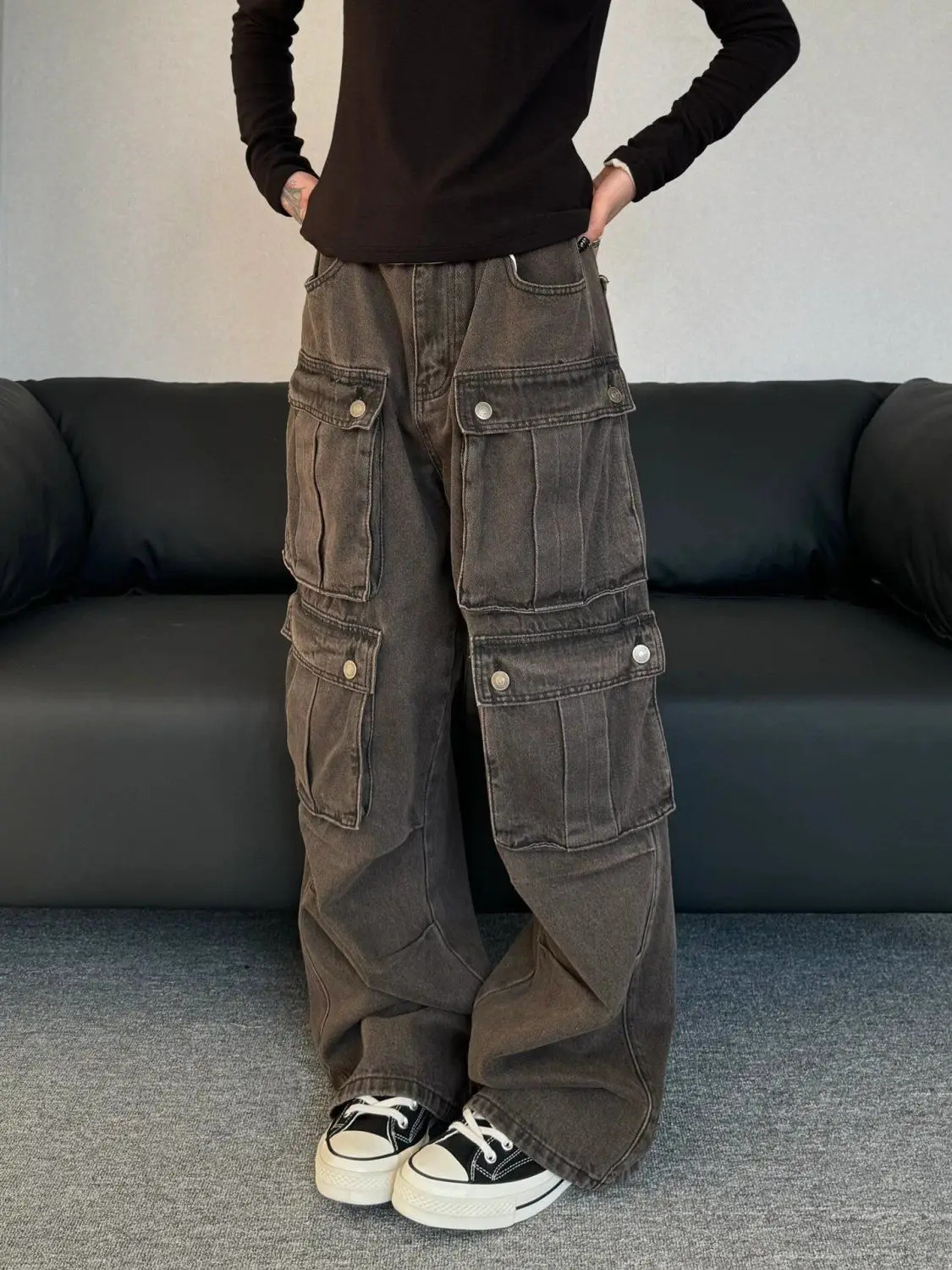 American retro washed multi pocket workwear straight leg jeans for men and women street cool loose wide leg casual pants y2k 240716