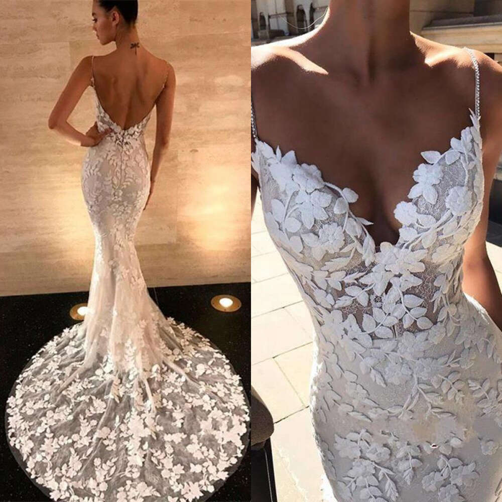 Casual Vintage Wedding Dresses For Women Mermaid Summer Sexy Backless V Neck Lace Spaghetti Straps Bridal Gowns Vestido De Novia