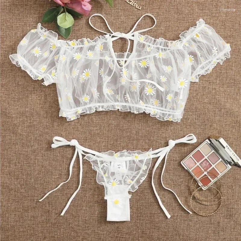 Bras Sets Sexy Womens Underwear Lace Floral Wire Free Lingerie Set Off-Shoulder Small Chest Bralette Thong Beachwear Transparent Bra