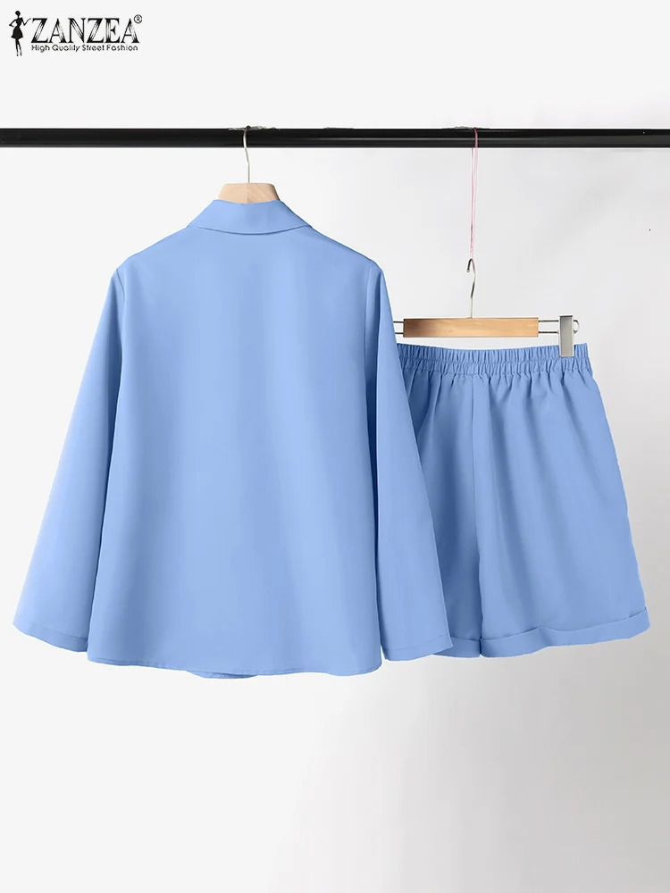 ZANZEA Womens Casual 2PCS Long Sleeve Shirt Set Retro Elastic Waist Short Clothes 2-piece Set 2024 Summer Korean Solid Set 240715