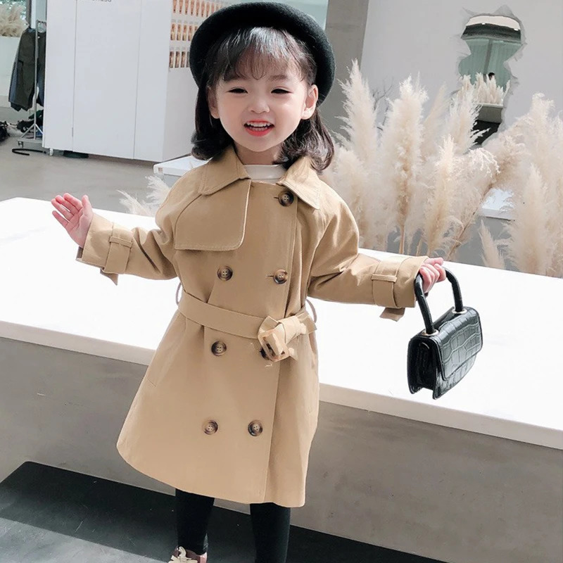England Style Windbreaker Jacket 1-6 Y Girls Long Trench Coats Girl Fashion Spring Autumn Overcoat Childrens Casual Clothes 240711