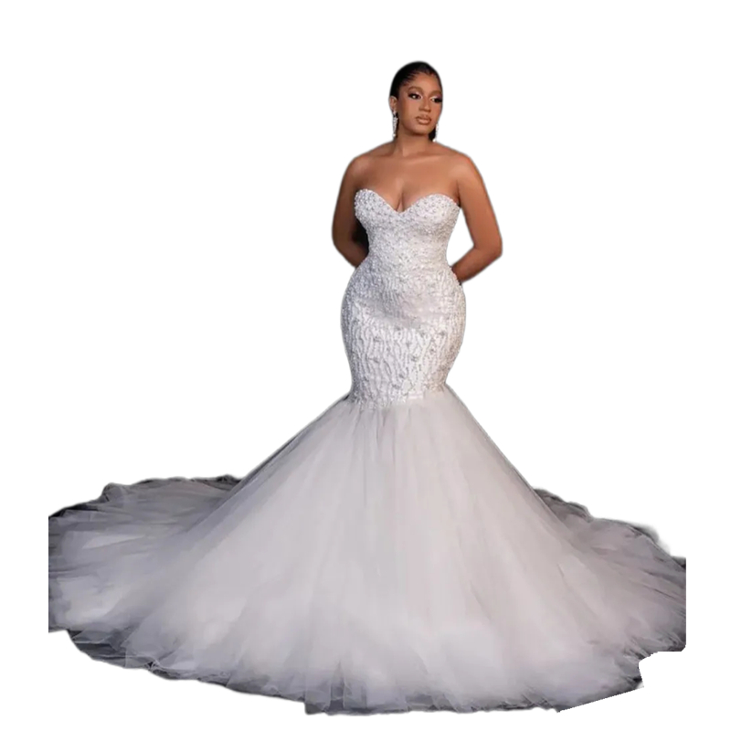 Pearls Beaded Mermaid Wedding Dresses Sweetheart Neck Sleeveless Long Tulle Bridal Gowns Lace-Up Back Chic Bride Formal Robe De Mariee