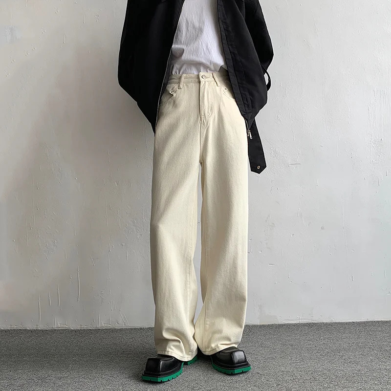 Baggy Beige Jeans Men Fashion Casual Oversized Wide Leg Jeans Men Streetwear Korean Loose Straight Denim Pants Mens Trousers 240712