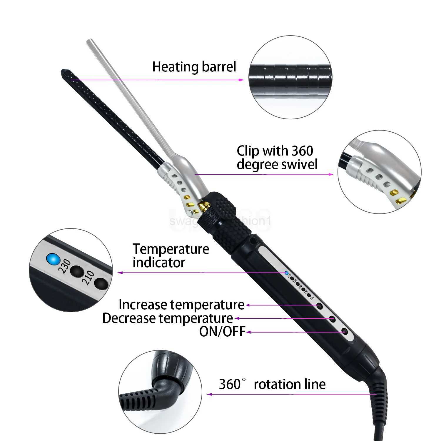 Mens Hair Curler Ceramic 7mm Hair Curling Wand Small Hair Deep Curly Hair Curlers Rollers Curling Iron Rotating 360 DegreeB240719