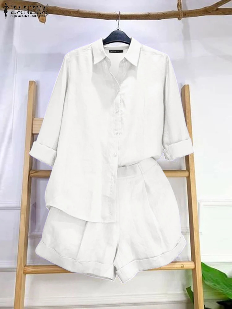 ZANZEA Womens Casual 2PCS Long Sleeve Shirt Set Retro Elastic Waist Short Clothes 2-piece Set 2024 Summer Korean Solid Set 240715