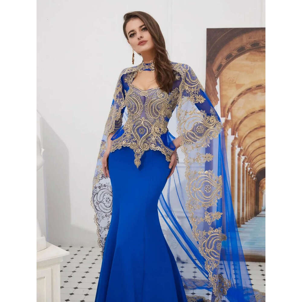Royal Blue Embroidery Mermaid Evening Dresses For Women Muslim With Cape Long Sleeves Shawl Prom Party Gowns Robe De Soiree