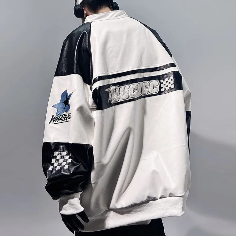 Bombe PU Jacket Men Flocking Embroidery Leather Y2k Vintage Varsity Jackets Racing Oversize Patchwork Baseball Jackets Unisex 240717