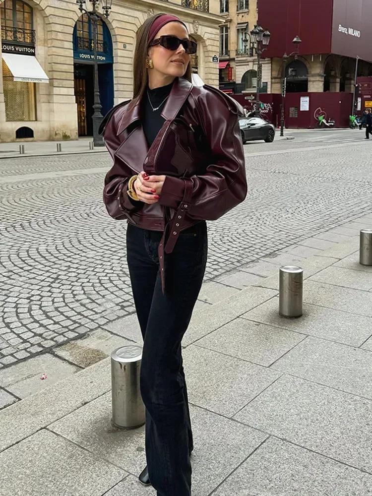 Women Lapel Long Sleeved Short Leather Jacket Cool Girl Slim Chery Red Cropped Coat Fashion Lady Street Party Outwears 240715