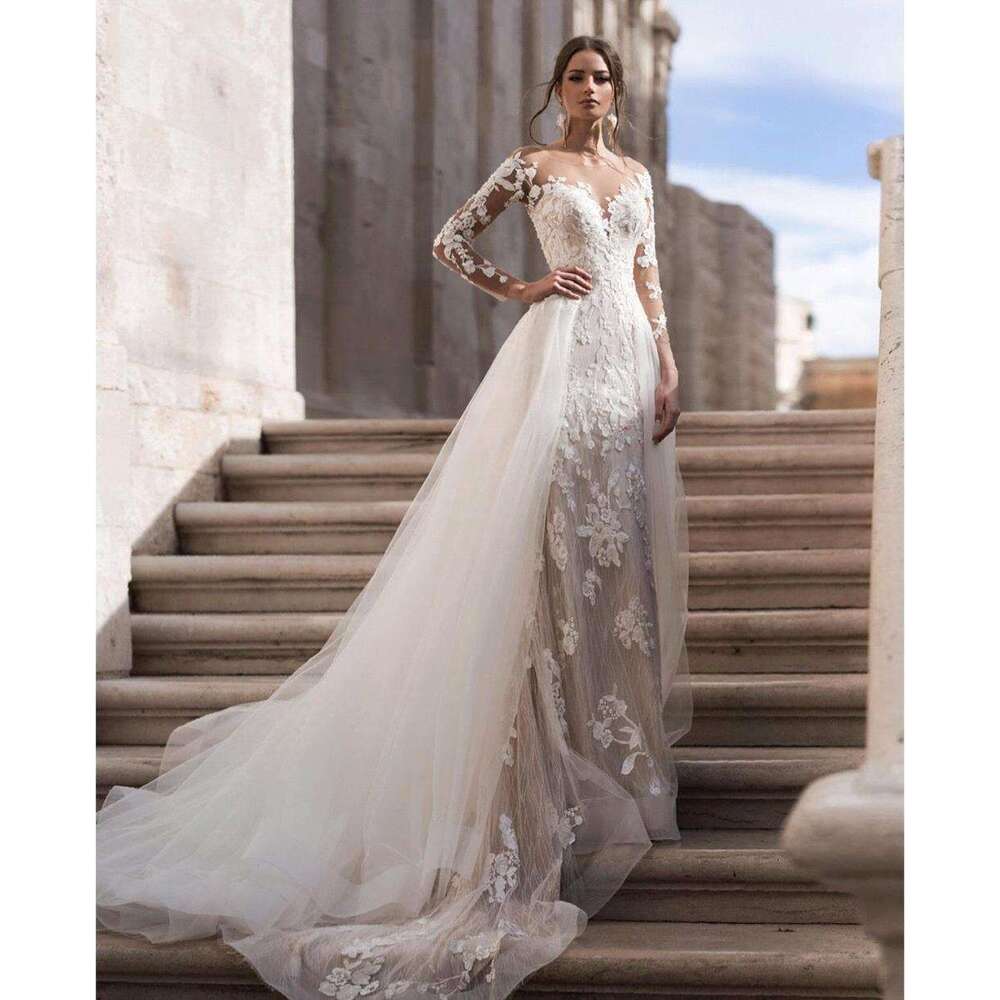 Romantic Detachable Train Mermaid Wedding Dresses Long Sleeves Bridal Gown Appliques Bride Robes Button Back Vestido De Noiva