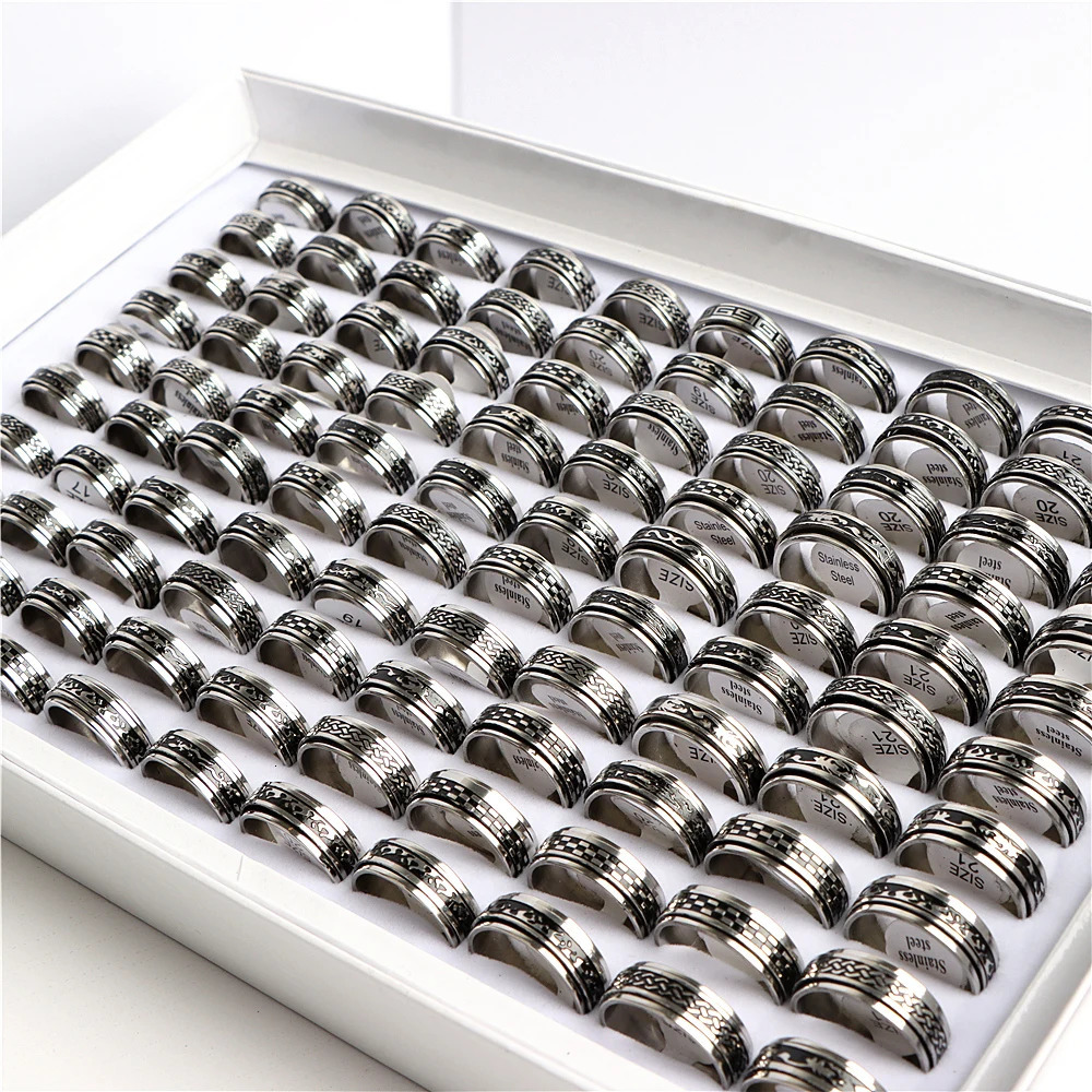 Wholesale 20/30/36/50/100 pieces/batch fashionable black drip oil stainless steel rotating ring jewelry 240710