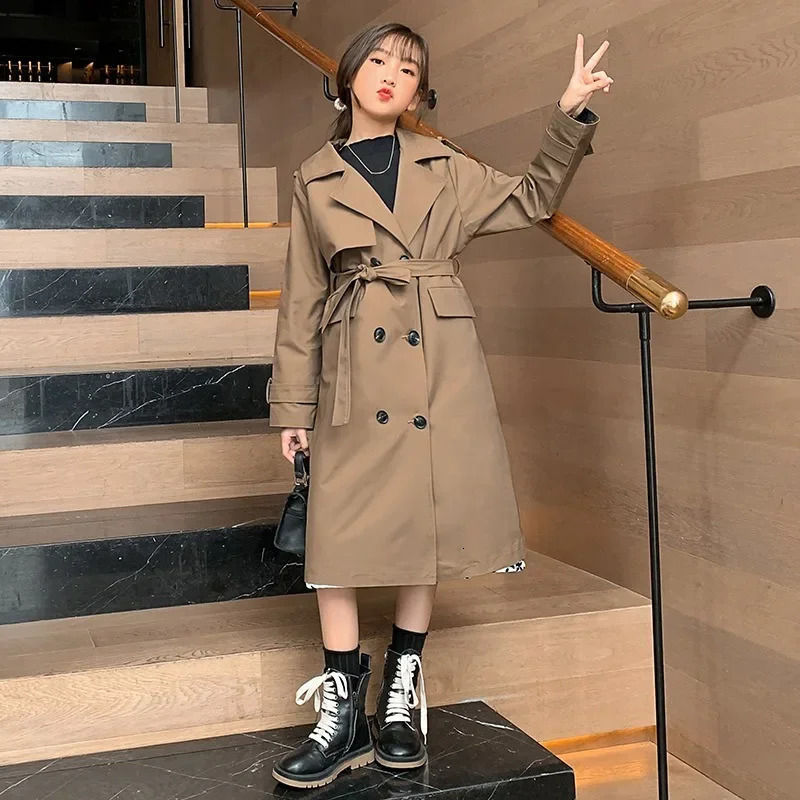 Spring Autumn Cotton Teen Girls Long Trench Coats Fashion England Style Windbreaker Jacket For Girls Children Clothing 240711