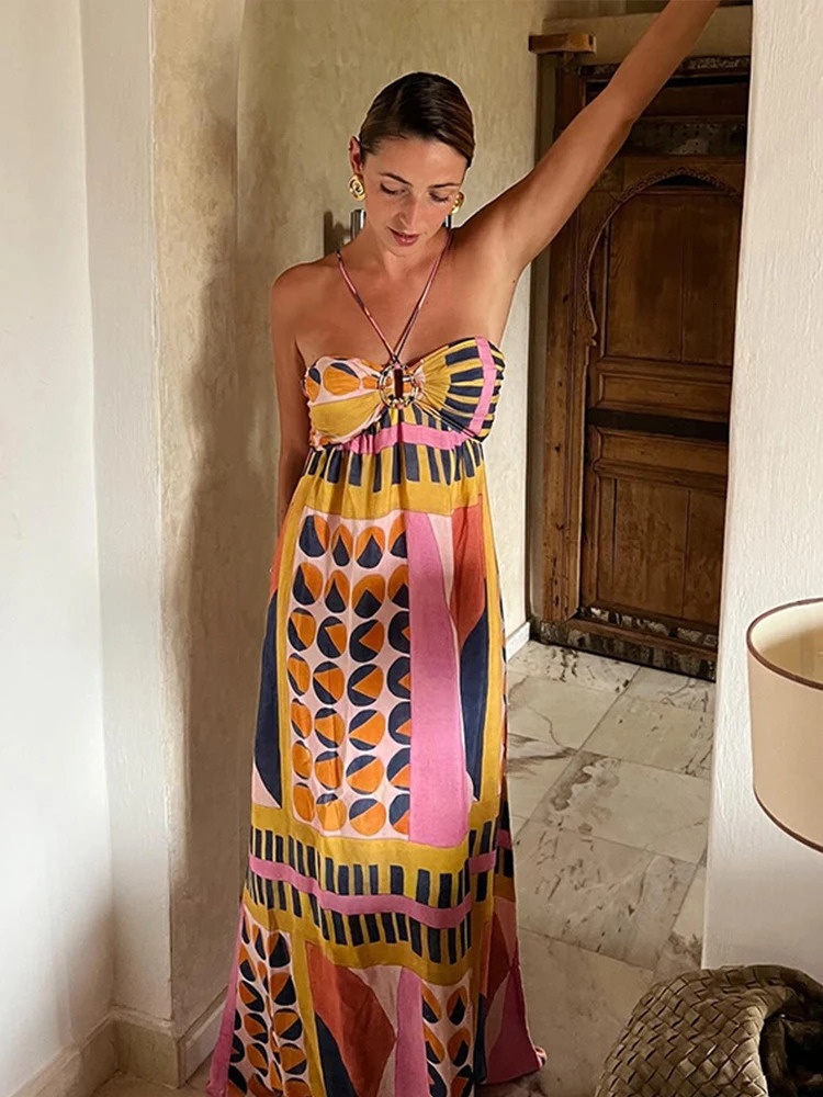 Summer Printed Halter Long Dress Women Sleeveless Backless Lace Up Empire Female Dresses 2024 Holiday Lady Fashion Robes 240716
