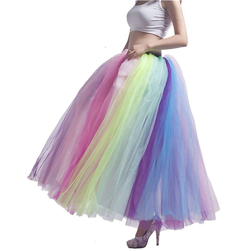 Popular Long Maxi Tutu Tulle Rainbow A Line Skirt For Women Elastic High Waist Party 6 Layers Prom Gown Colorful Beach Dress