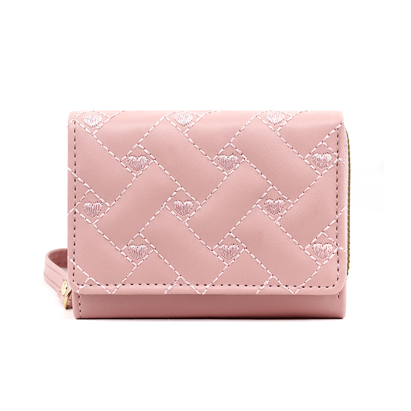 Women's Wallet Tri Fold Card Bag PU Multi Coin Money Pocket Short Fashion Embroidered Love Pattern Korean Money Purse for Girl