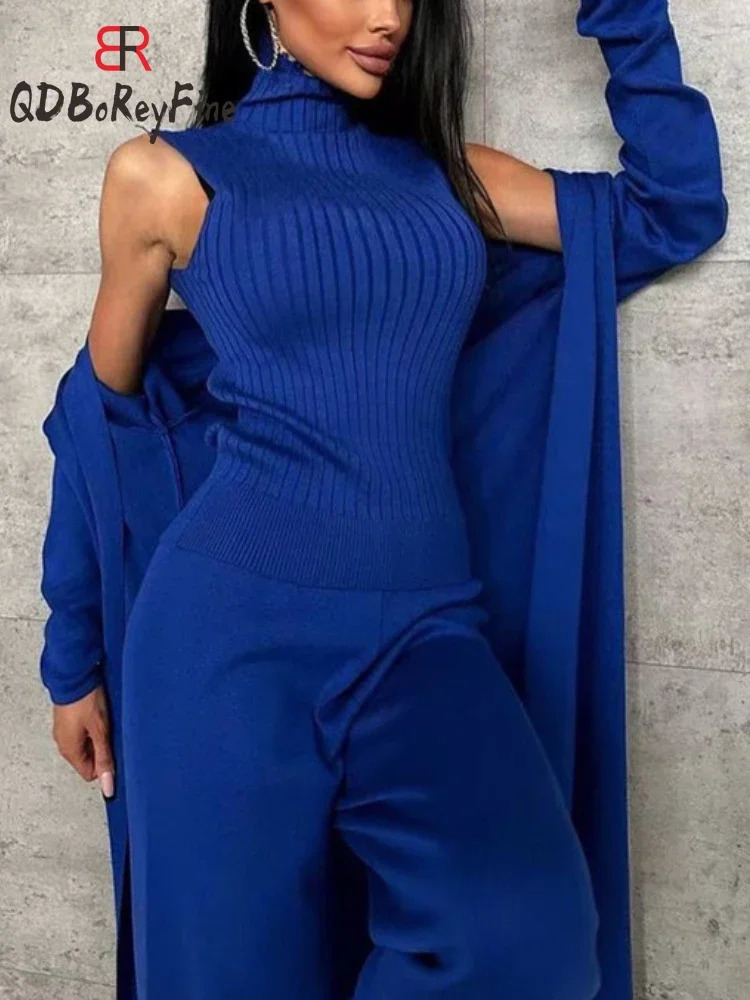 Women Knitted Suits Elegant Office Ladies Slim Turtleneck Vest Long Cardigan Wide Leg Pants 3 Piece Sets Womens Outfits Knitting 240712