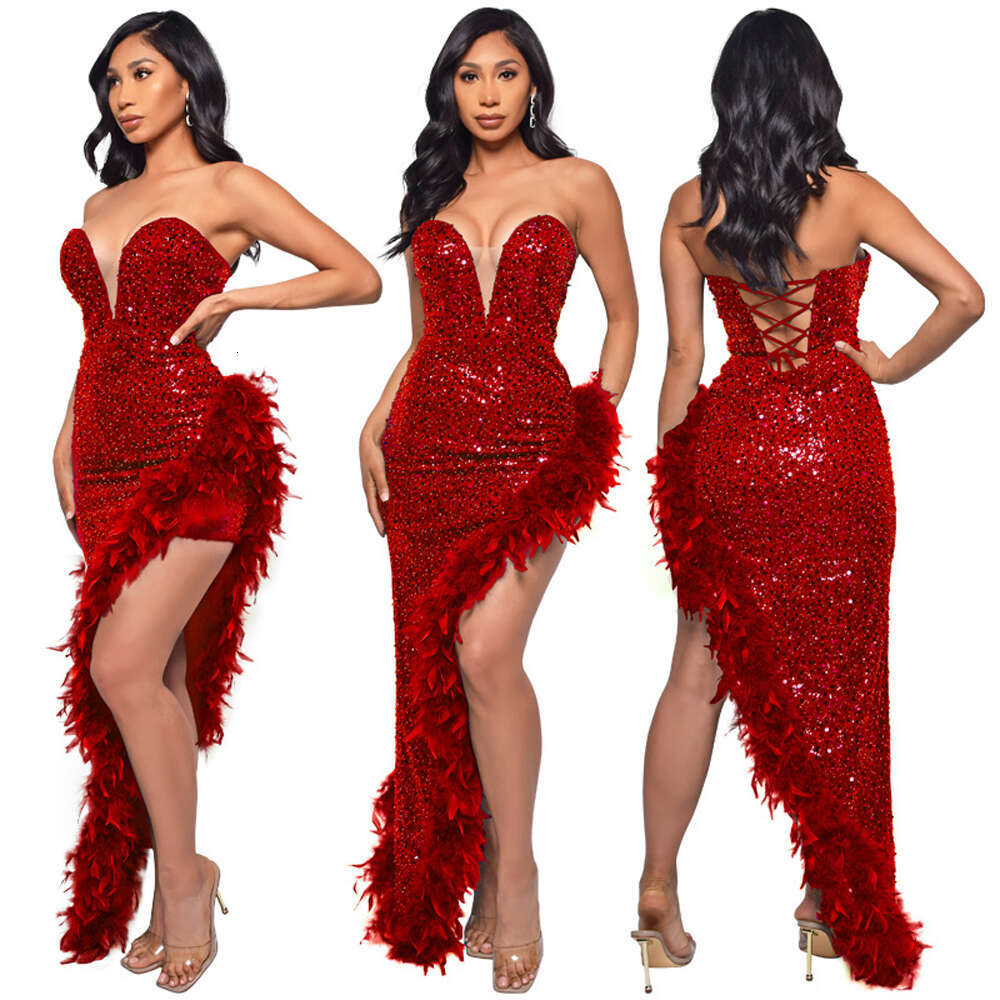 African Prom Dresses For Women 2023 New Elegant Evening Sexy Wrap Dress Sequined Feathers Robe De Soiree Ankara Dashiki Outfits
