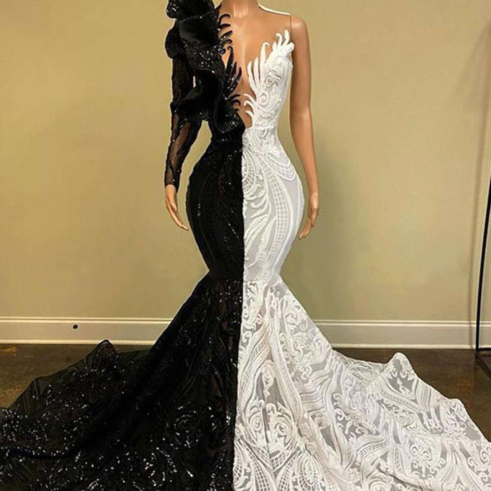 One Shoulder Mermaid Evening Dress For Women Sexy Deep V Neck Black White Contrast Color Lace Shiny Sequined Prom Gown Vestidos