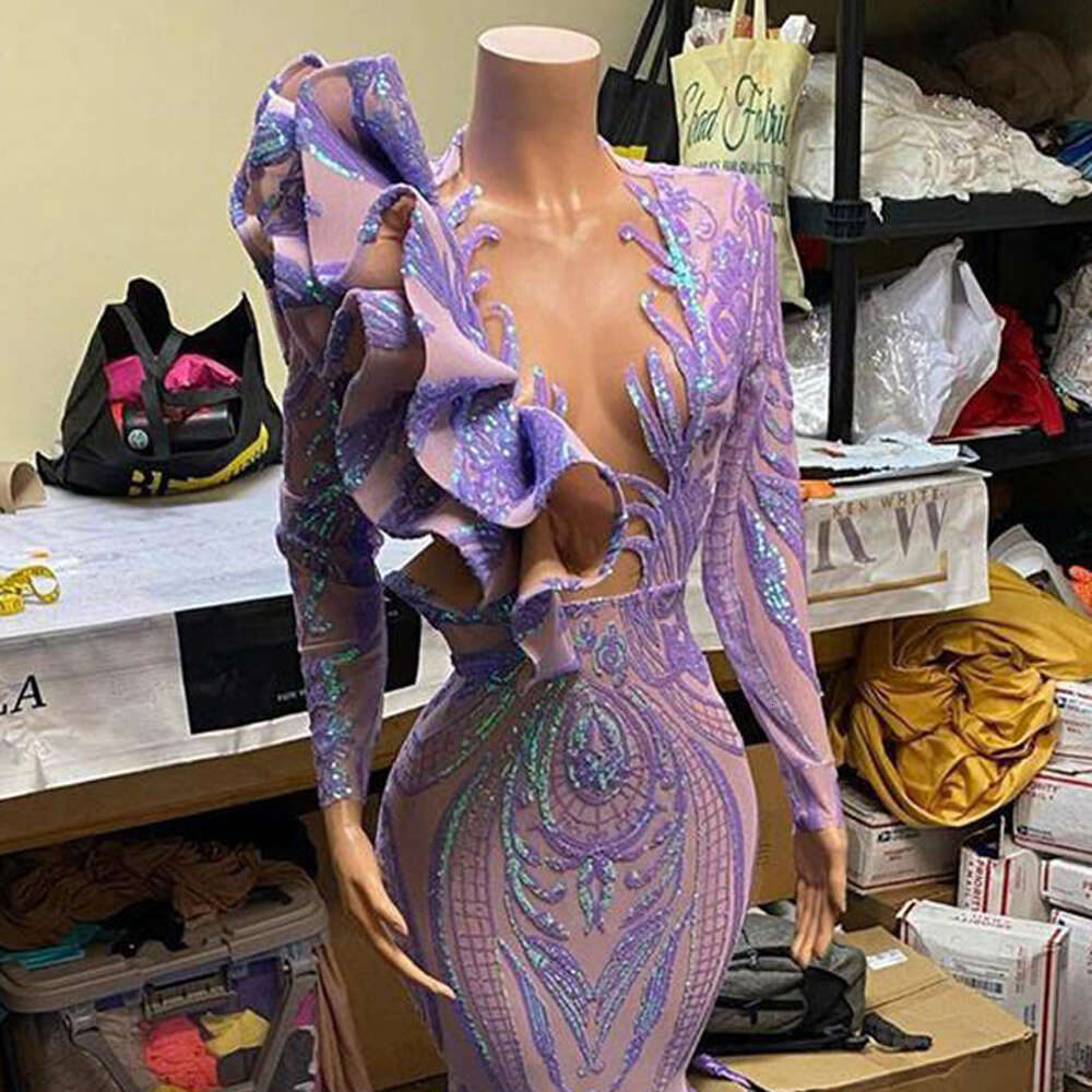 Sleeves Long Purple African Mermaid Women Evening Dress Lace Sequined Sexy Deep V Neck Prom Gown For Black Girls Formal Ocn mal