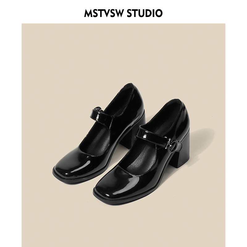 2025 NEW Jane Mary Retro British Style Hepburn Black High One Word Buckle Thick Heel Square Head Single Shoes Women d