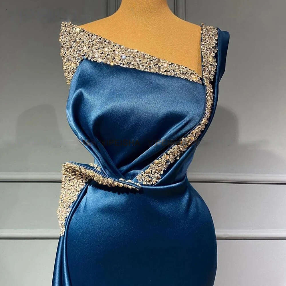Blue Evening Dresses With Beads One Shoulder Satin Mermaid Long Prom Formal Party Gowns Crystals Arabic Robe De Soiree