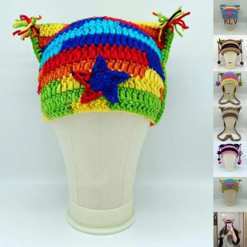 High Elastic Windproof Cat Ear Hat Knitted Stripe Pattern Hat for Women Men Keep Ear Warm Hat with Dangle Pompoms Decor 240712