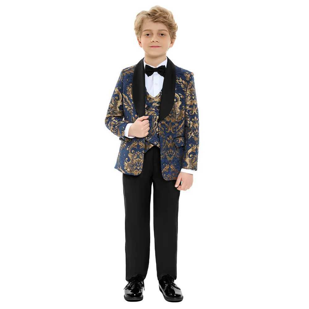 Suits Children Gold Printed Formal Wedding Suit Kids Jacket Vest Pants Photograph Dress Boys Tuxedo Suit Children Graduation Costume