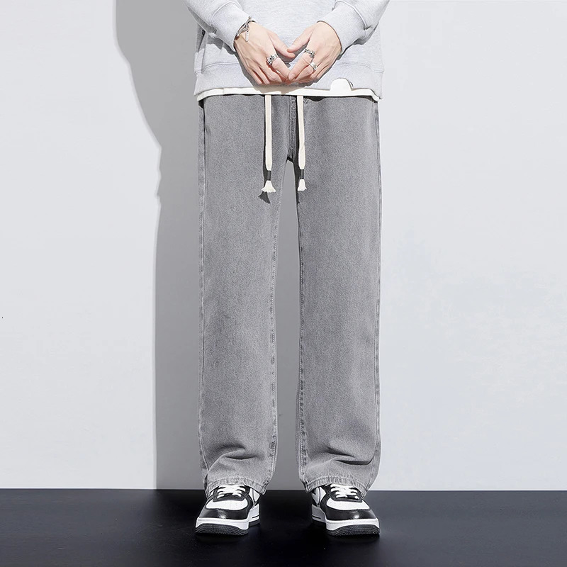Jeans For Men Baggy Pants Men Trousers Wide Leg Jeans Loose Fit Light Grey Drawsting Elastic Waist Man Clothing Streetwear Homme 240712