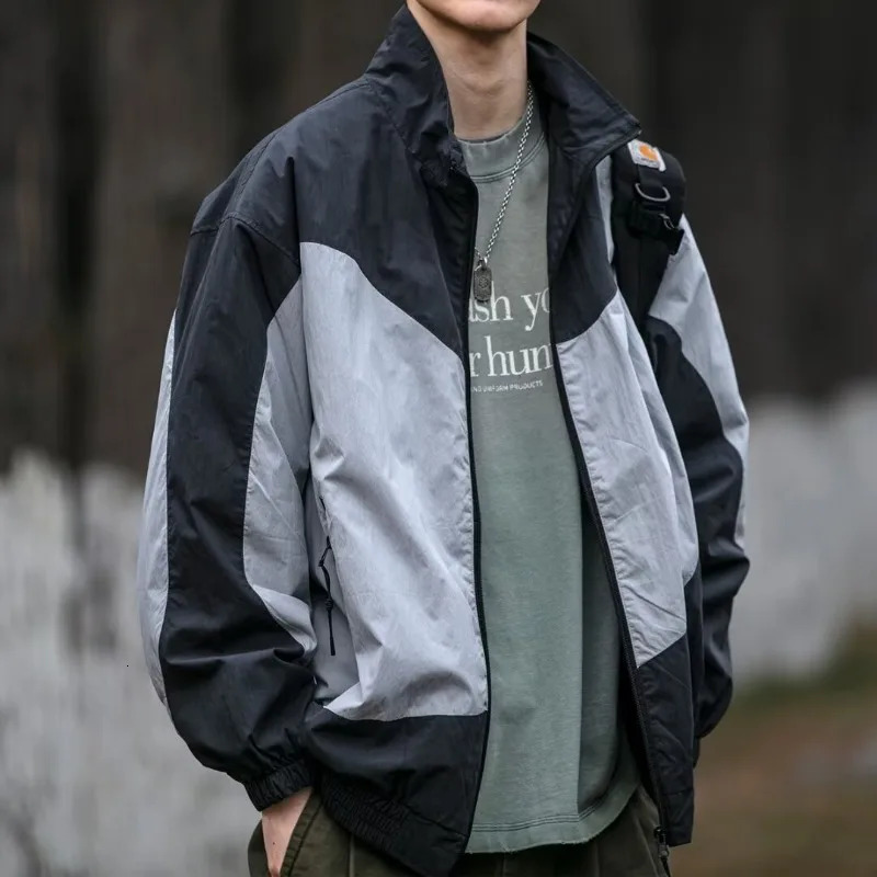 Retro Spring Jackets Men Women Color Block Stand Collar Loose Harajuku Y2k Coats Zip Up Street Unisex Hip Hop Zipper Outwear 240717